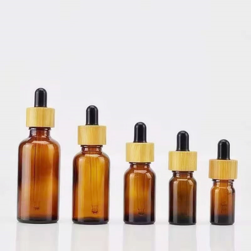 15ml 50ml frosted amber essential oil glass bottle with bamboo lid